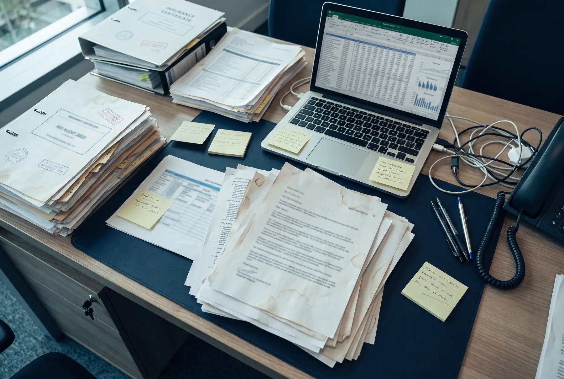 A procurement desk buried in printed insurance certificates, sticky notes and an overloaded supplier spreadsheet